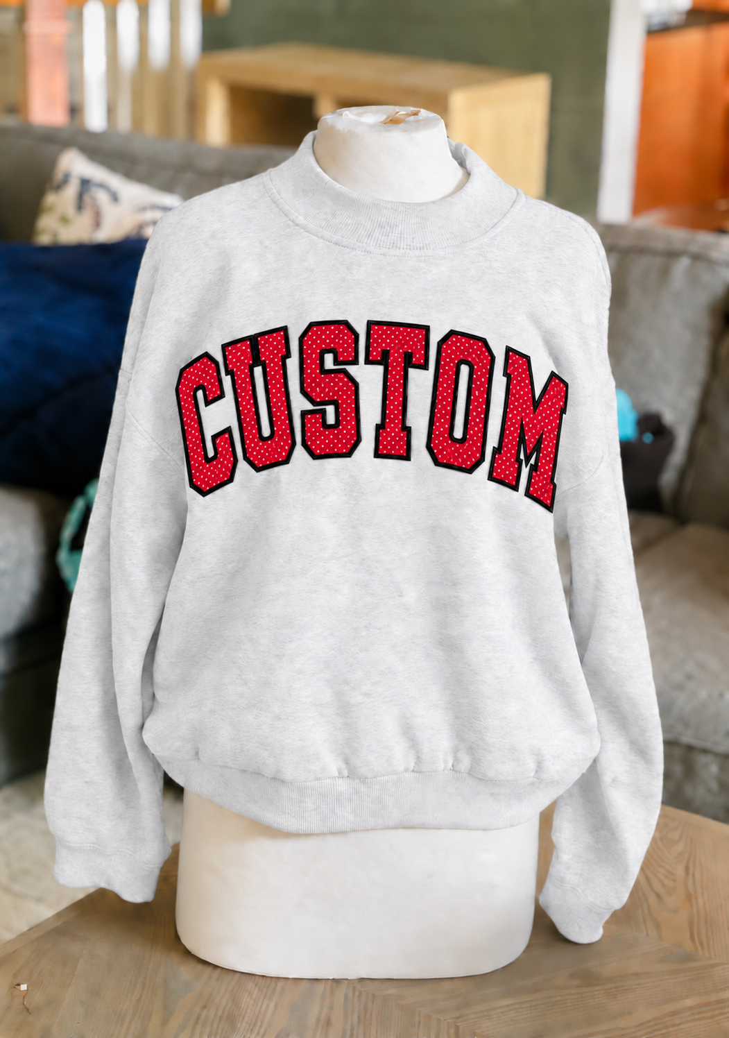 Custom mock neck applique sweatshirt