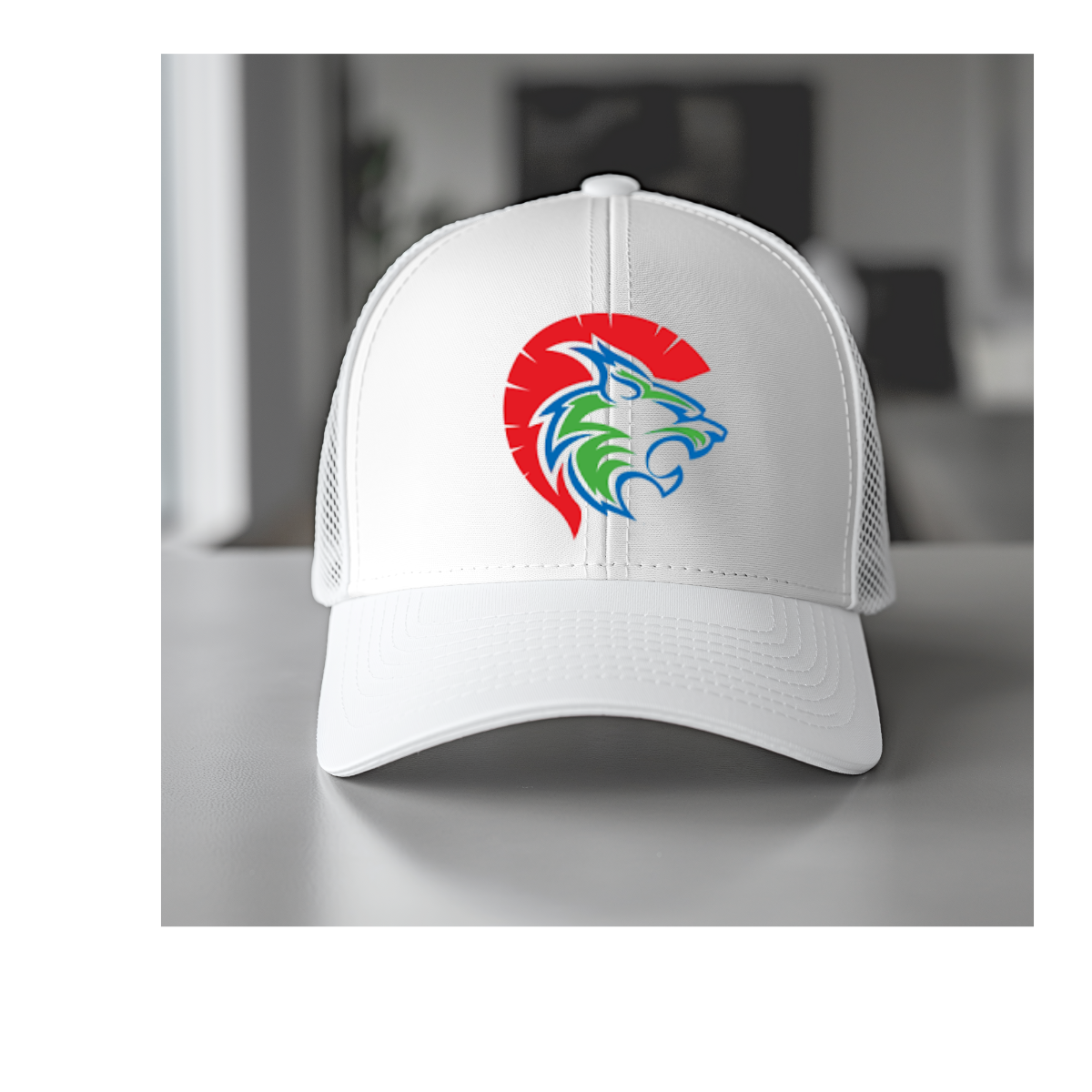 Embroidered Spartacat logo on a richardson 112 trucker hat