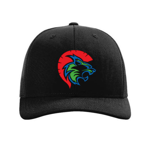 Embroidered Spartacat logo on a richardson 112 trucker hat